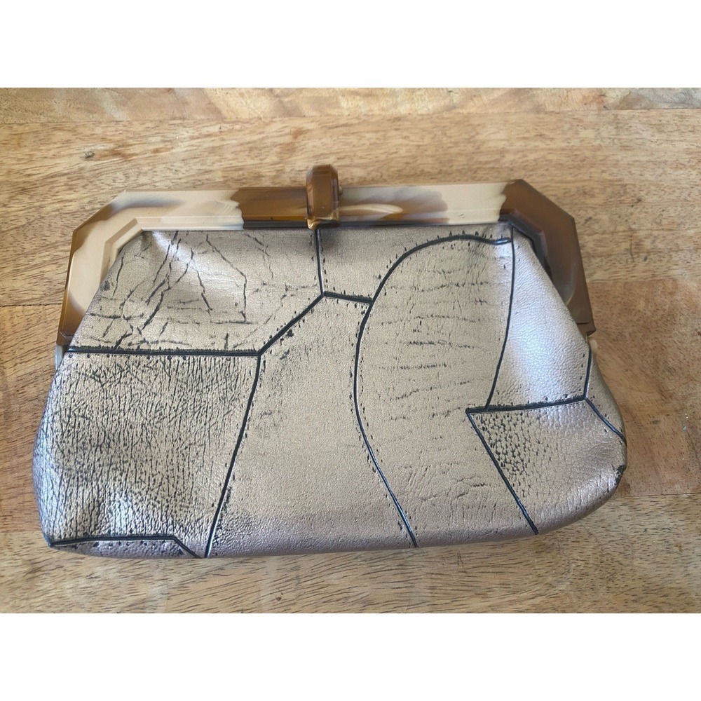 VTG 1950s Metallic Pewter Geometric Clutch Marbled Lucite Evening‎ Art Deco